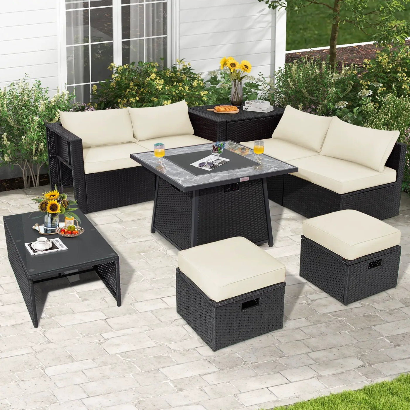 9 Pieces Outdoor Wicker Sectional with 35 Inch Gas Fire Pit Table by DirectDeals