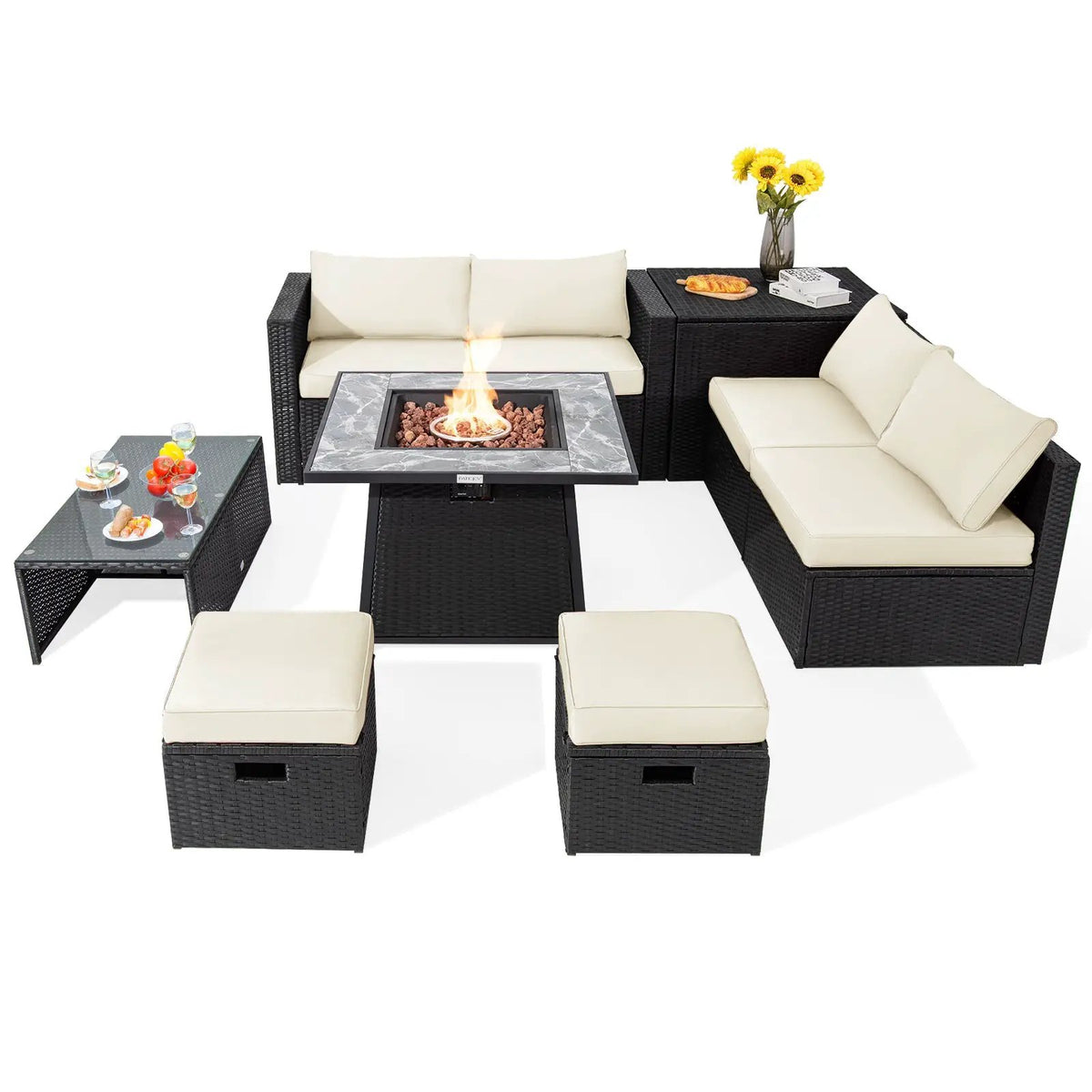9 Pieces Outdoor Wicker Sectional with 35 Inch Gas Fire Pit Table by DirectDeals