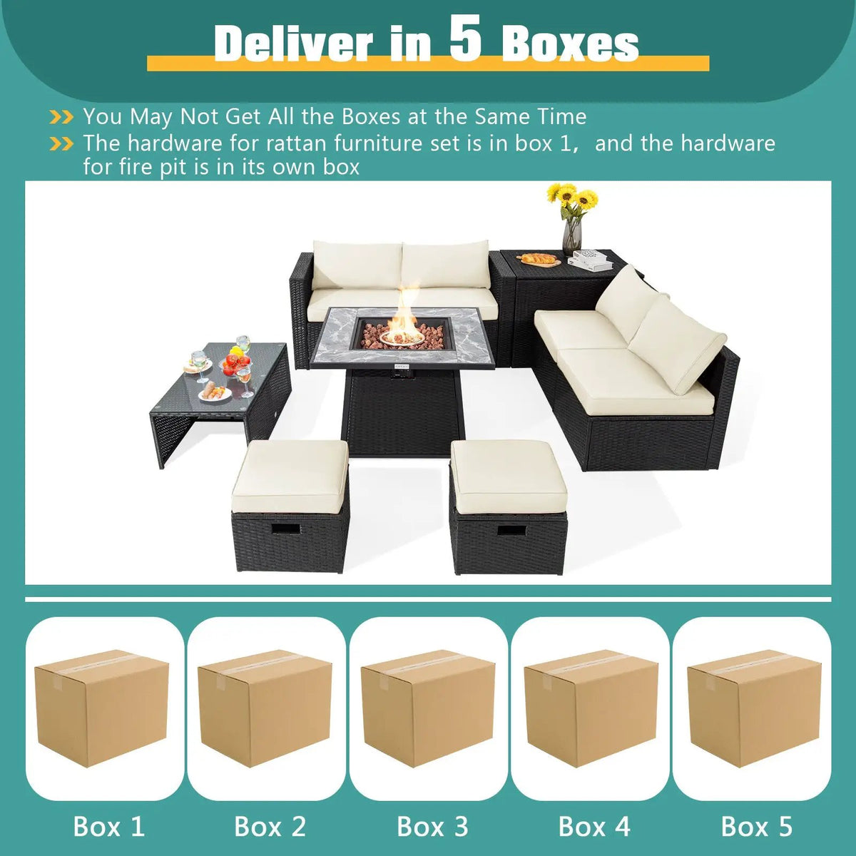 9 Pieces Outdoor Wicker Sectional with 35 Inch Gas Fire Pit Table by DirectDeals