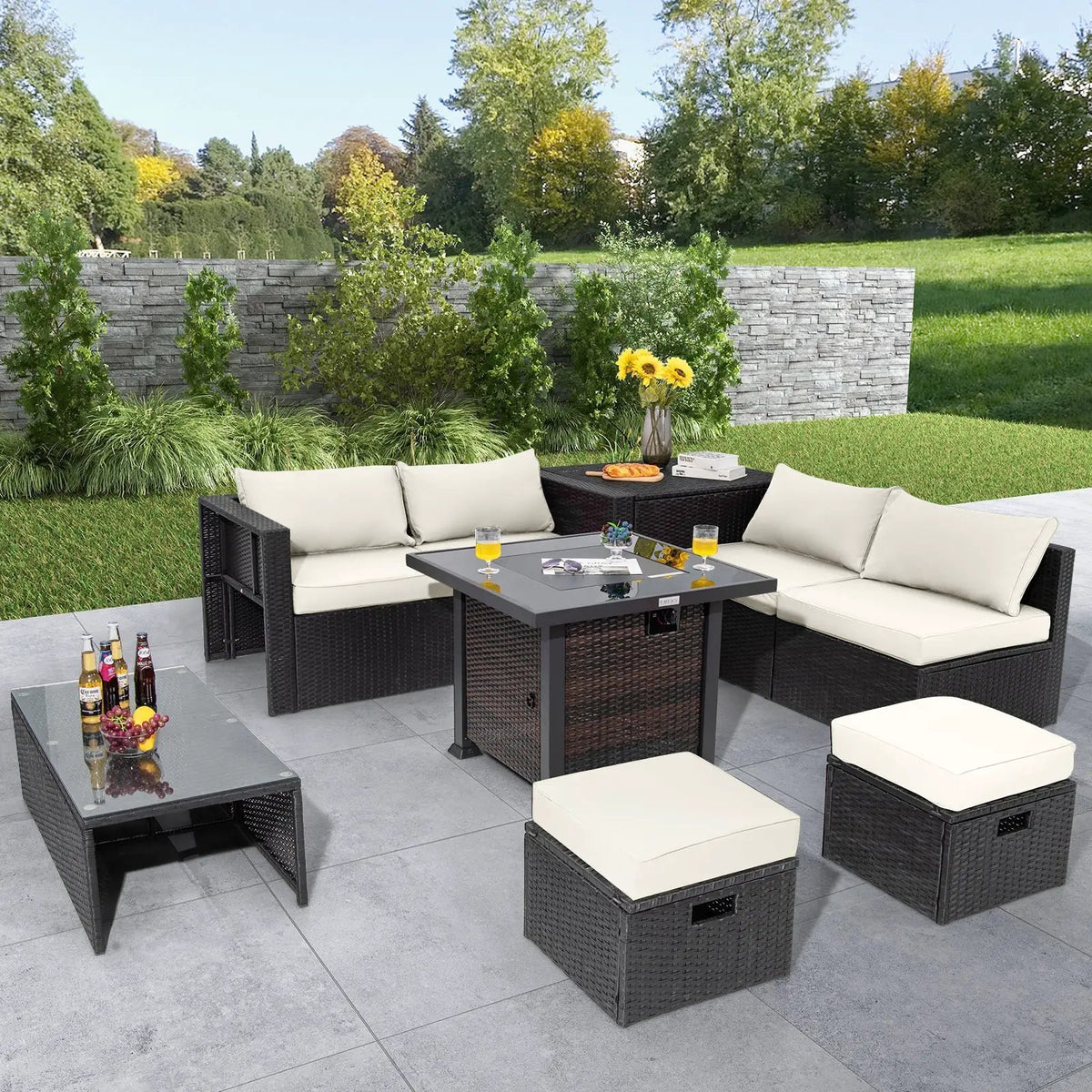 9 Pieces Patio Furniture Set with 32‚Äù Fire Pit Table and 50000 BTU Square Propane Fire Pit by DirectDeals