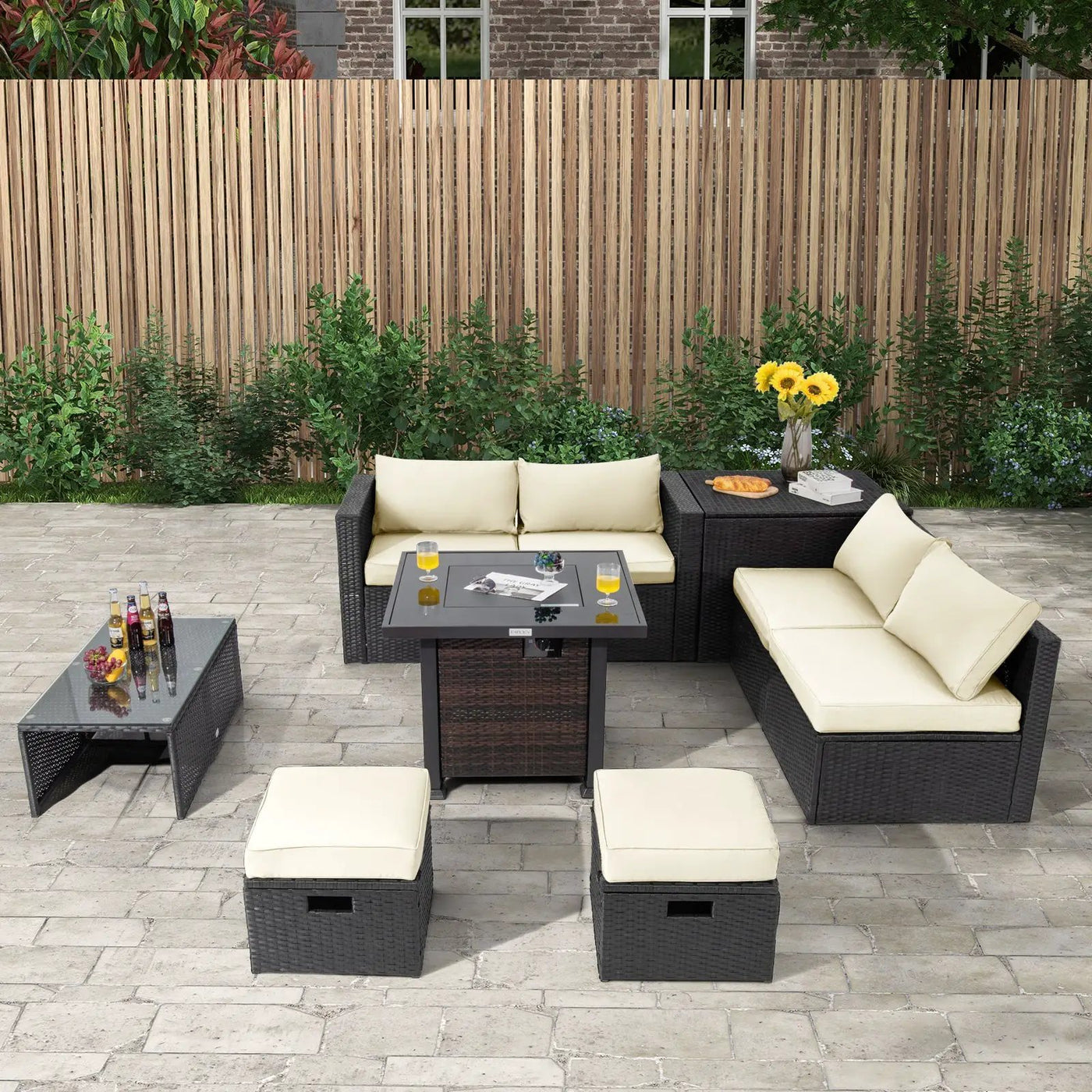 9 Pieces Patio Furniture Set with 32‚Äù Fire Pit Table and 50000 BTU Square Propane Fire Pit by DirectDeals