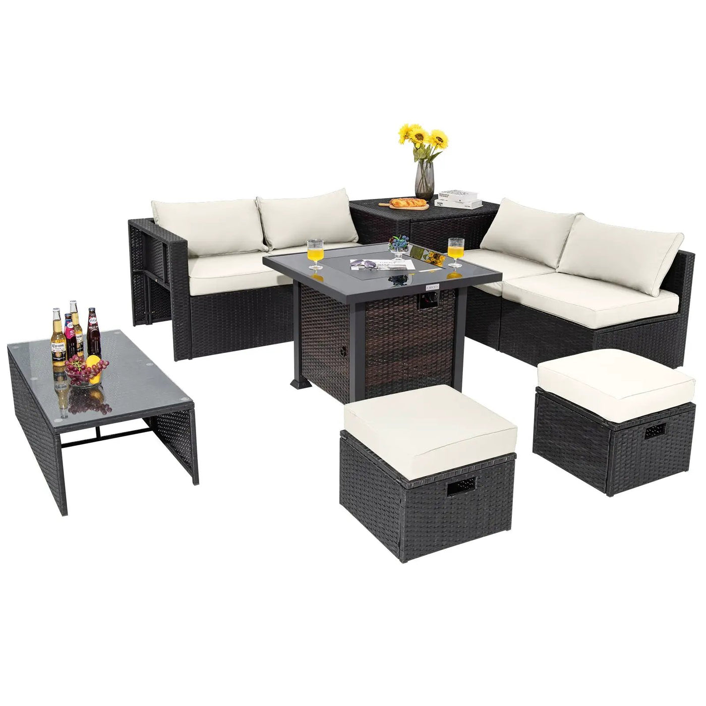 9 Pieces Patio Furniture Set with 32‚Äù Fire Pit Table and 50000 BTU Square Propane Fire Pit by DirectDeals