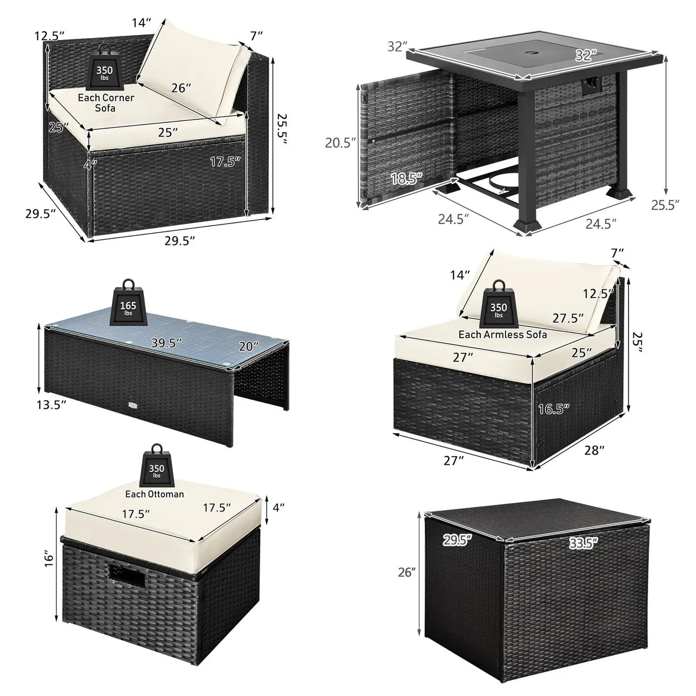 9 Pieces Patio Furniture Set with 32‚Äù Fire Pit Table and 50000 BTU Square Propane Fire Pit by DirectDeals