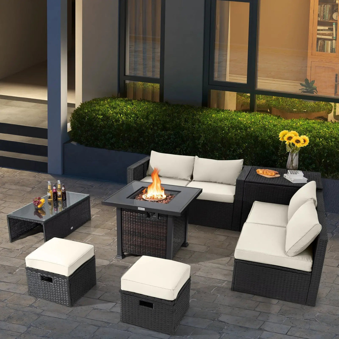 9 Pieces Patio Furniture Set with 32‚Äù Fire Pit Table and 50000 BTU Square Propane Fire Pit by DirectDeals