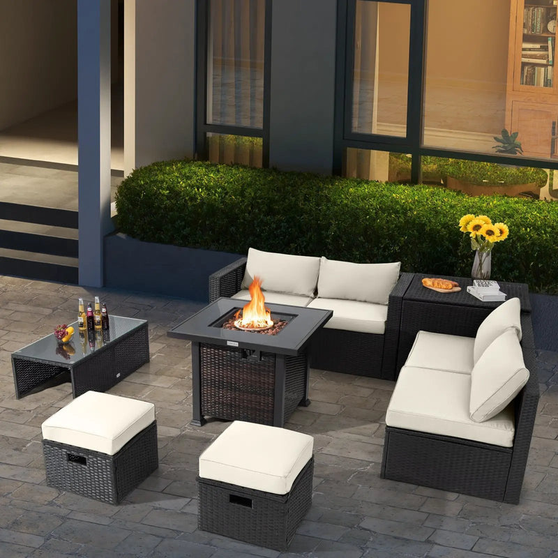 9 Pieces Patio Furniture Set with 32‚Äù Fire Pit Table and 50000 BTU Square Propane Fire Pit by DirectDeals