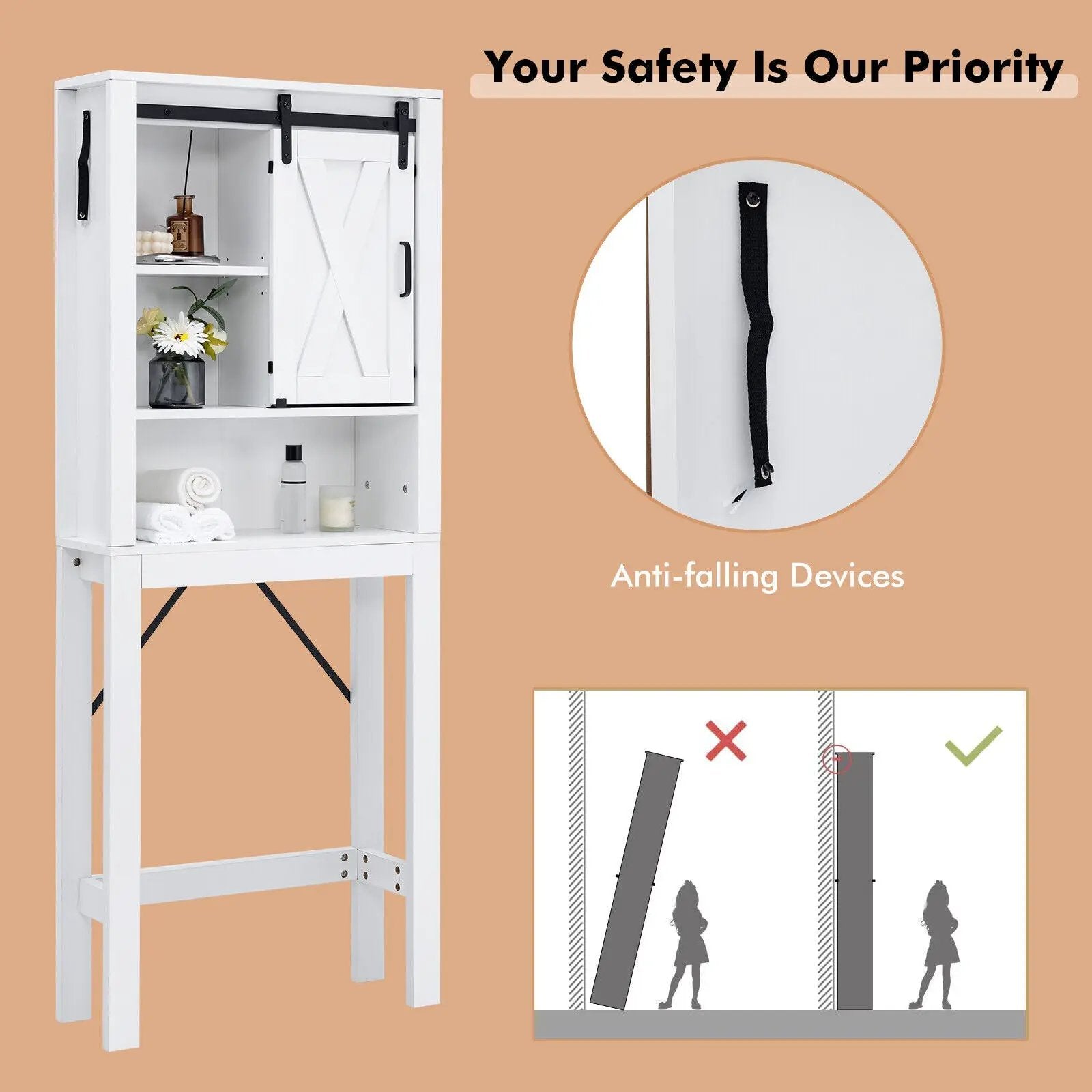 3-Tier Wodden Bathroom Cabinet with Sliding Barn Door and 3-position Adjustable Shelves-White by DirectDeals
