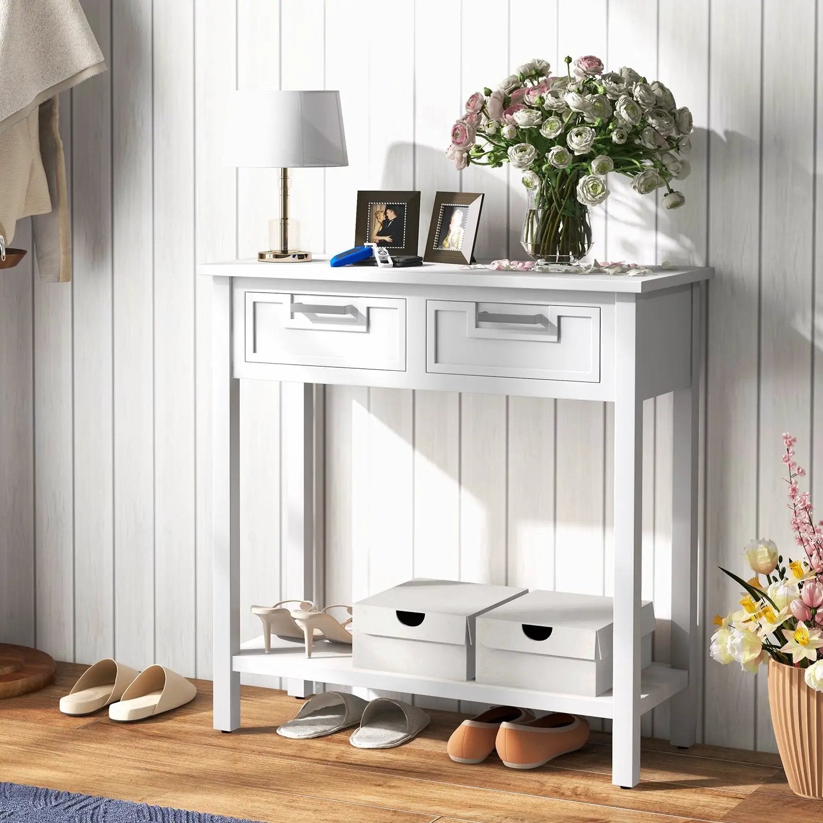 Narrow Console Table with Drawers and Open Storage Shelf by DirectDeals