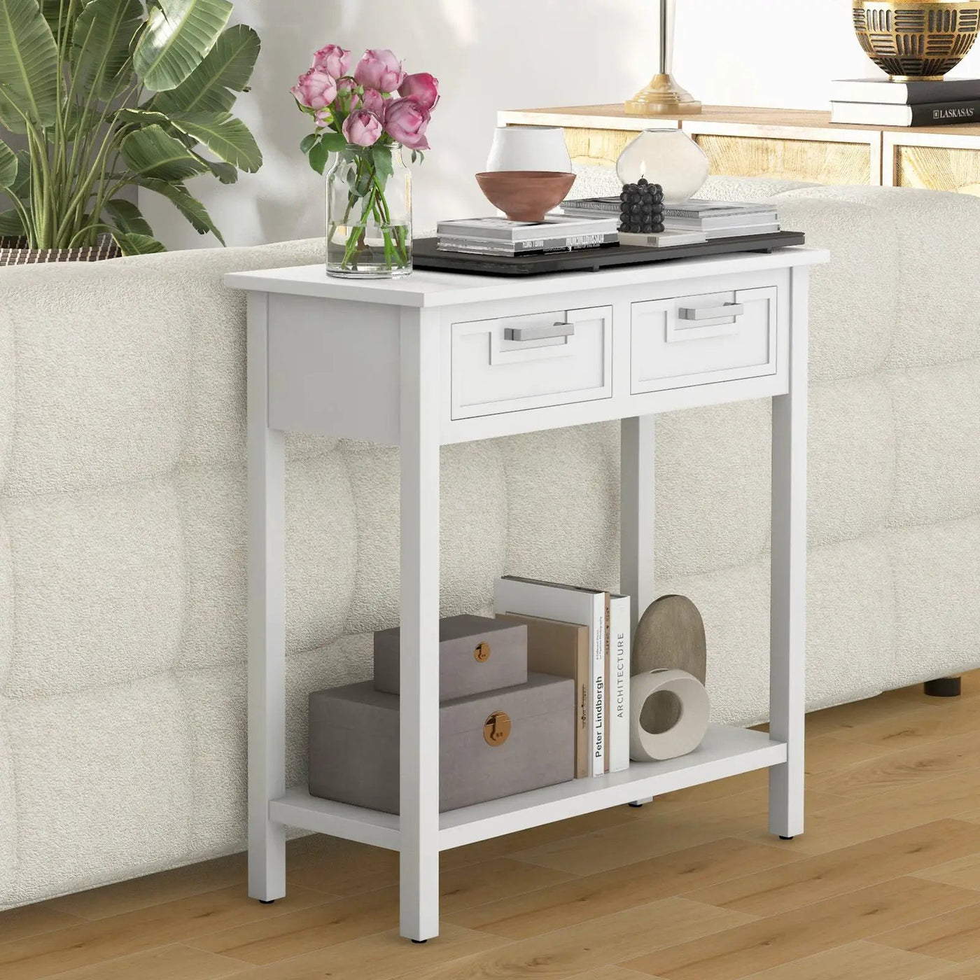 Narrow Console Table with Drawers and Open Storage Shelf by DirectDeals
