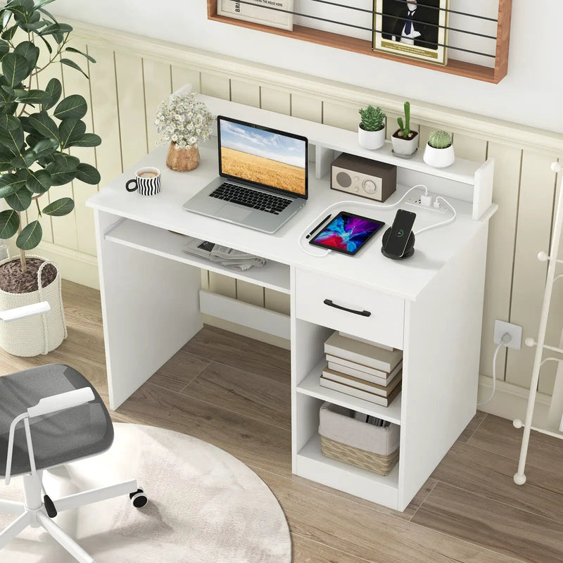 White Desk with Charging Station and Adjustable Shelf for Home Office-White by DirectDeals
