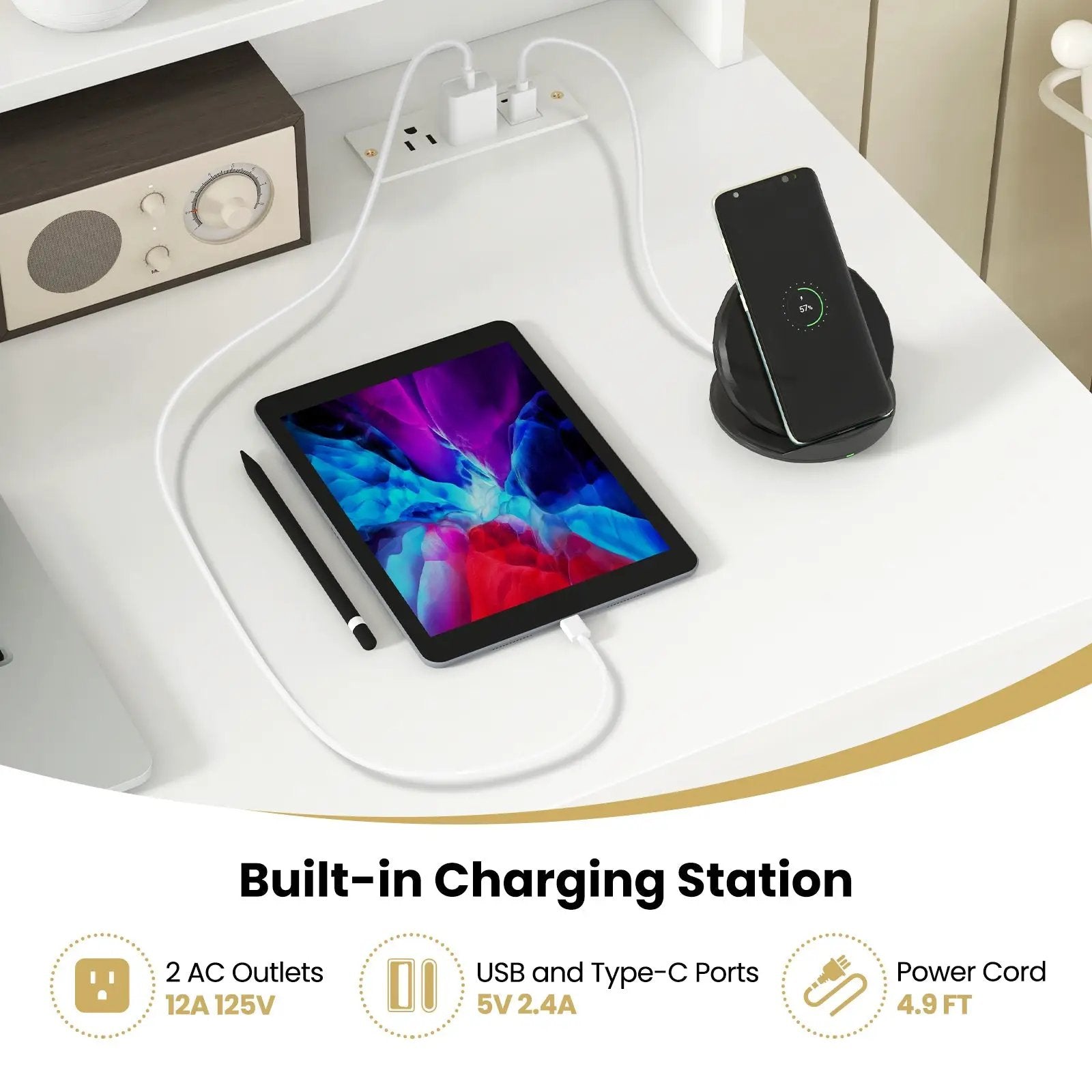 White Desk with Charging Station and Adjustable Shelf for Home Office-White by DirectDeals