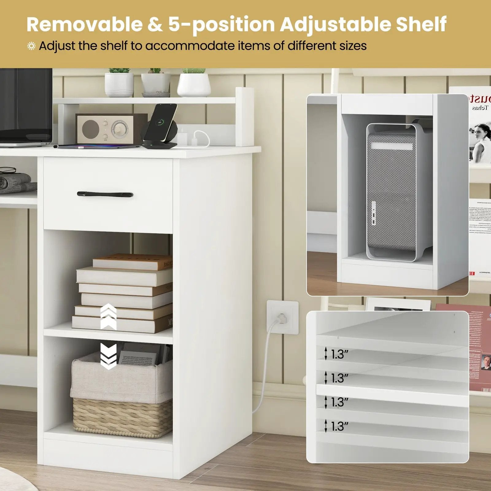 White Desk with Charging Station and Adjustable Shelf for Home Office-White by DirectDeals
