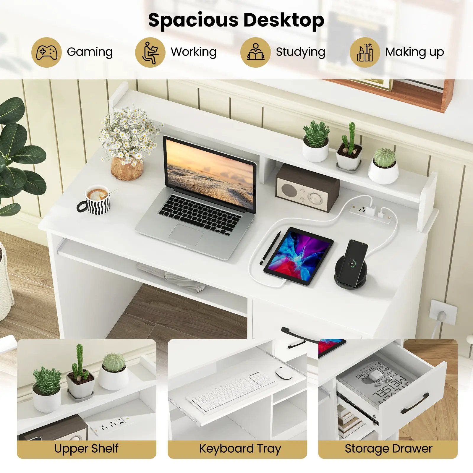White Desk with Charging Station and Adjustable Shelf for Home Office-White by DirectDeals