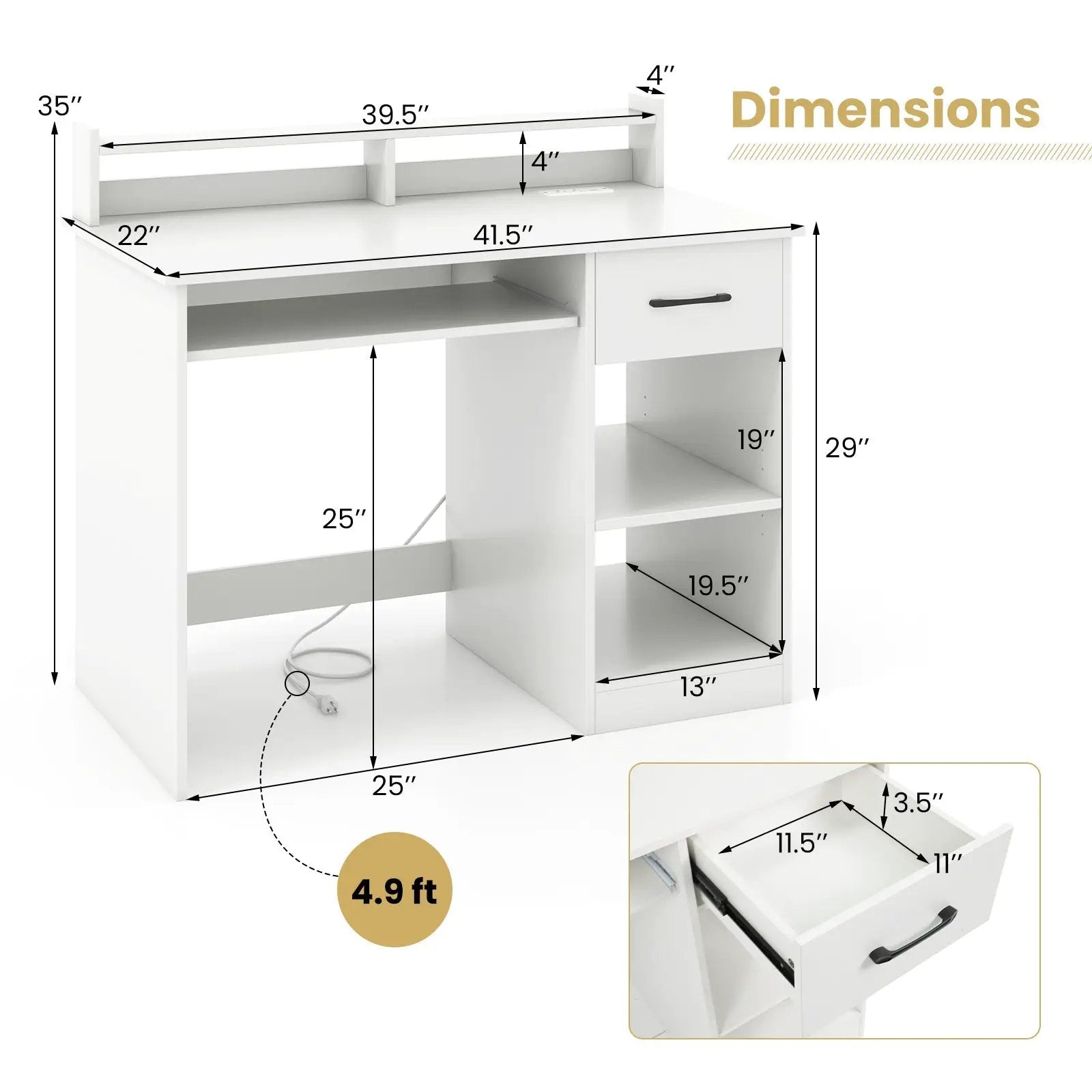 White Desk with Charging Station and Adjustable Shelf for Home Office-White by DirectDeals