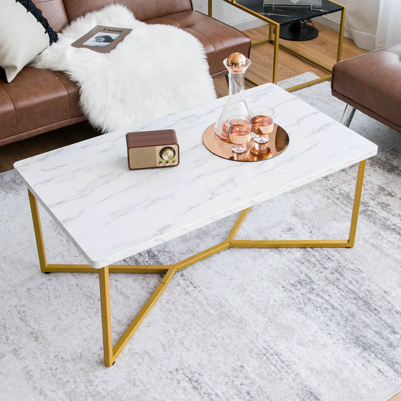 White Faux Marble Coffee Table with Gold Finished Metal Frame by DirectDeals