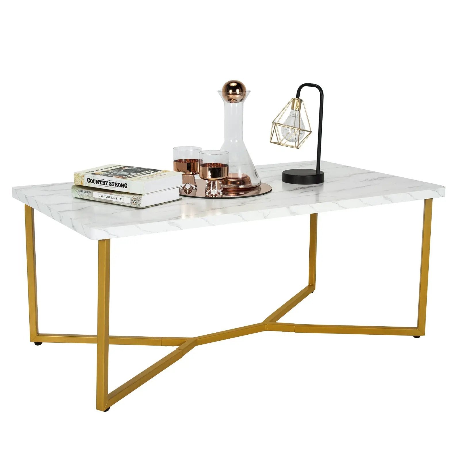 White Faux Marble Coffee Table with Gold Finished Metal Frame by DirectDeals