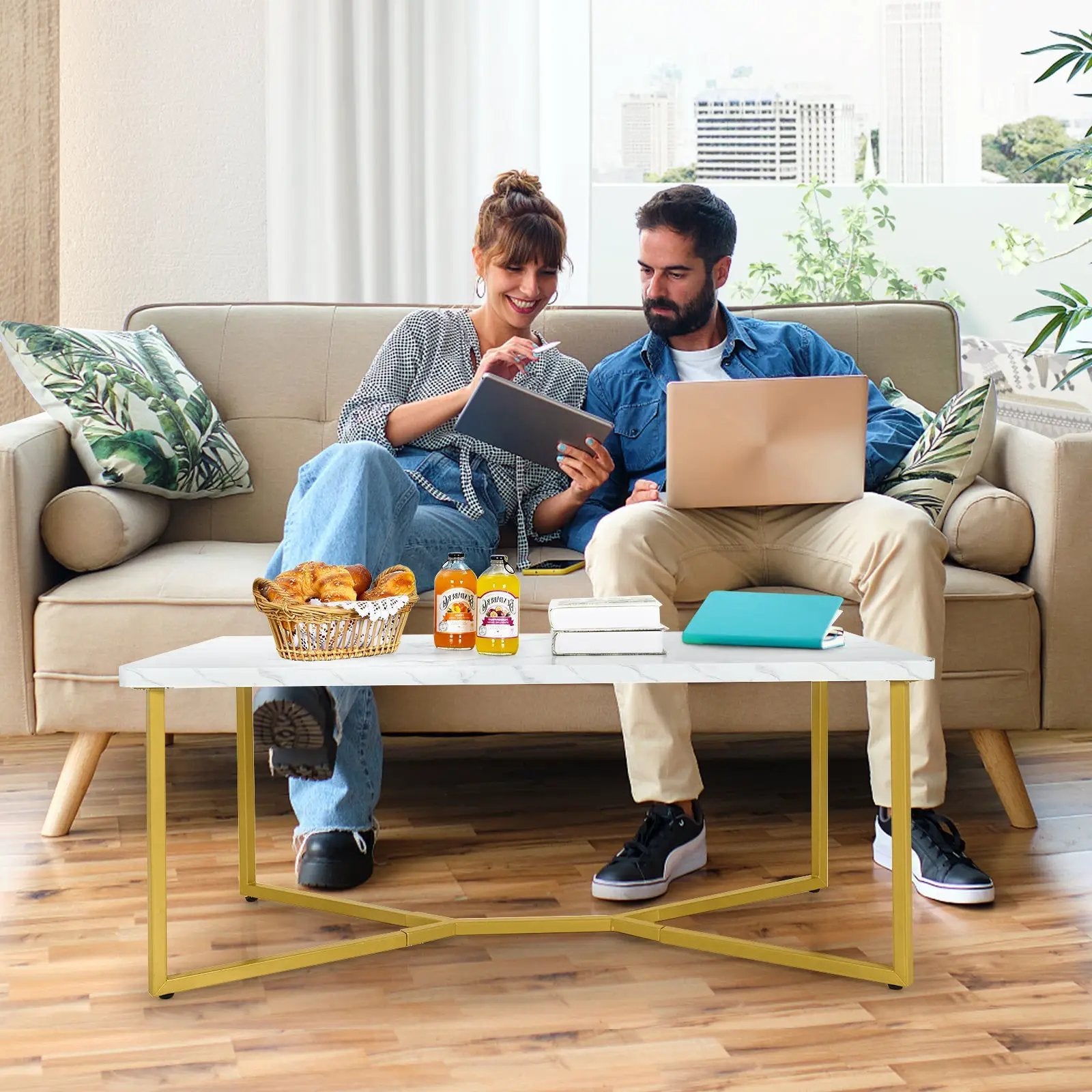 White Faux Marble Coffee Table with Gold Finished Metal Frame by DirectDeals