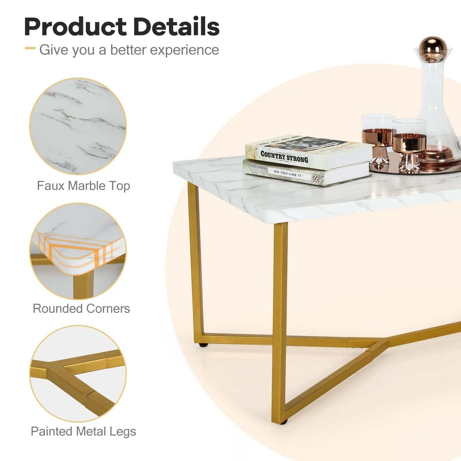 White Faux Marble Coffee Table with Gold Finished Metal Frame by DirectDeals