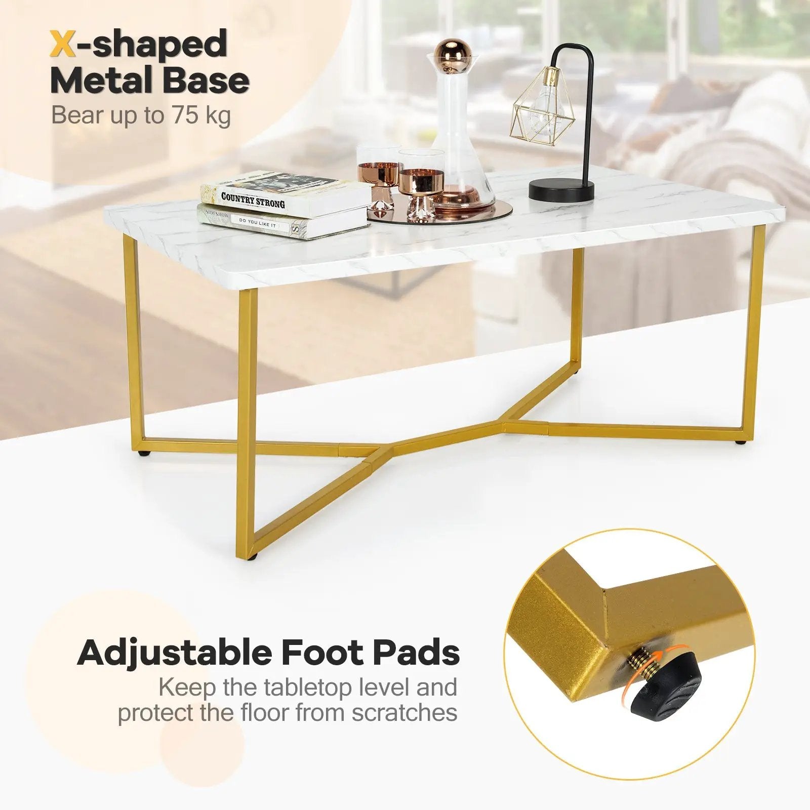 White Faux Marble Coffee Table with Gold Finished Metal Frame by DirectDeals