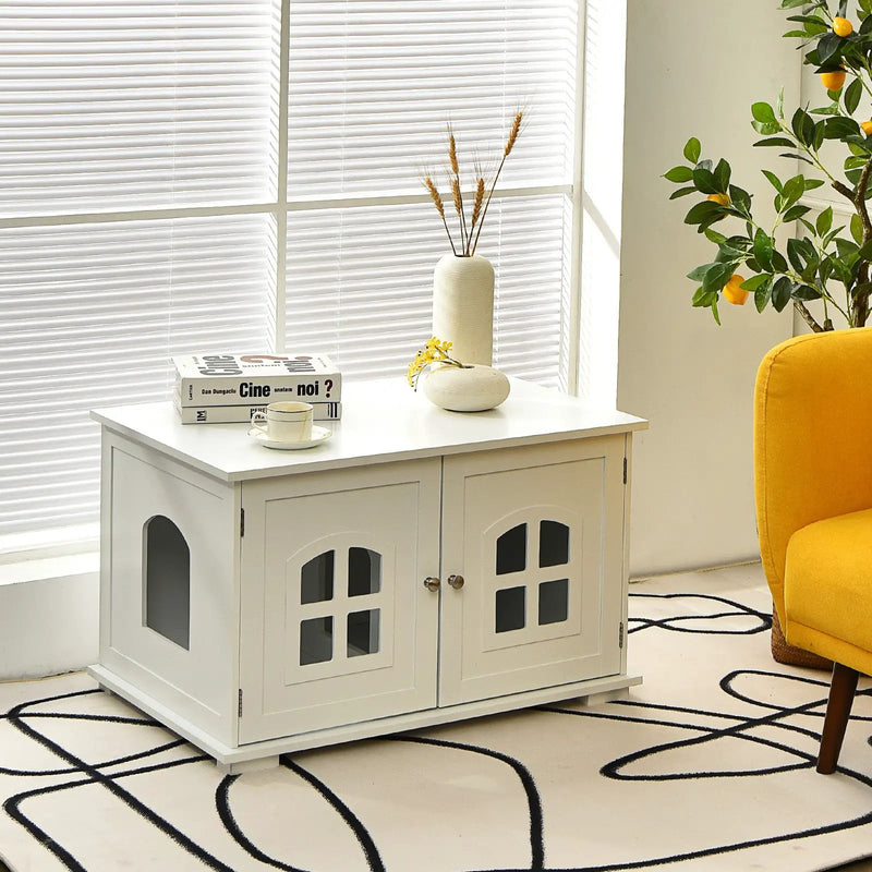 Wooden Cat Litter Box Enclosure with Divider - White by DirectDeals