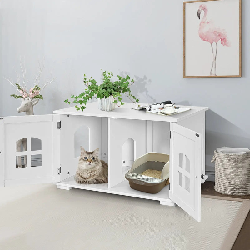 Large Wooden Cat Litter Box Enclosure Hidden Cat Washroom with Divider by DirectDeals