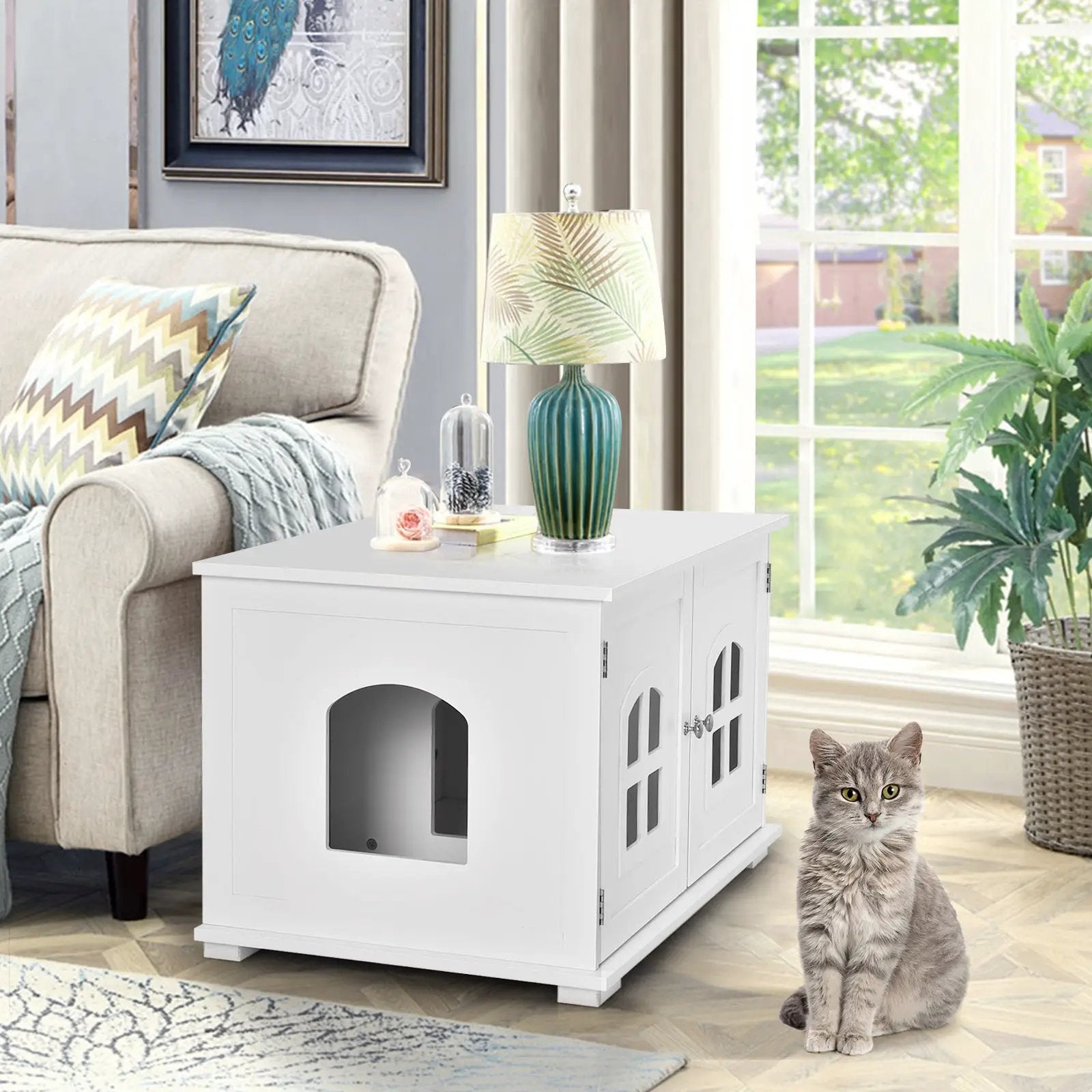 Wooden Cat Litter Box Enclosure with Divider - White by DirectDeals