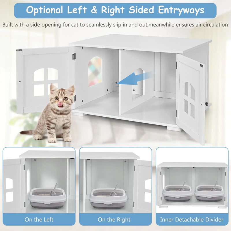 Wooden Cat Litter Box Enclosure with Divider - White by DirectDeals