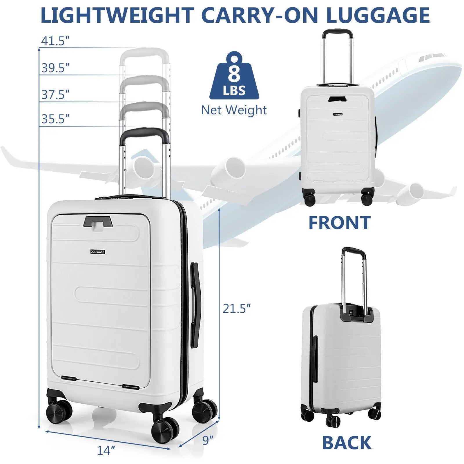 20 Inch Carry-on Luggage PC Hardside Suitcase TSA Lock with Front Pocket and USB Port by DirectDeals