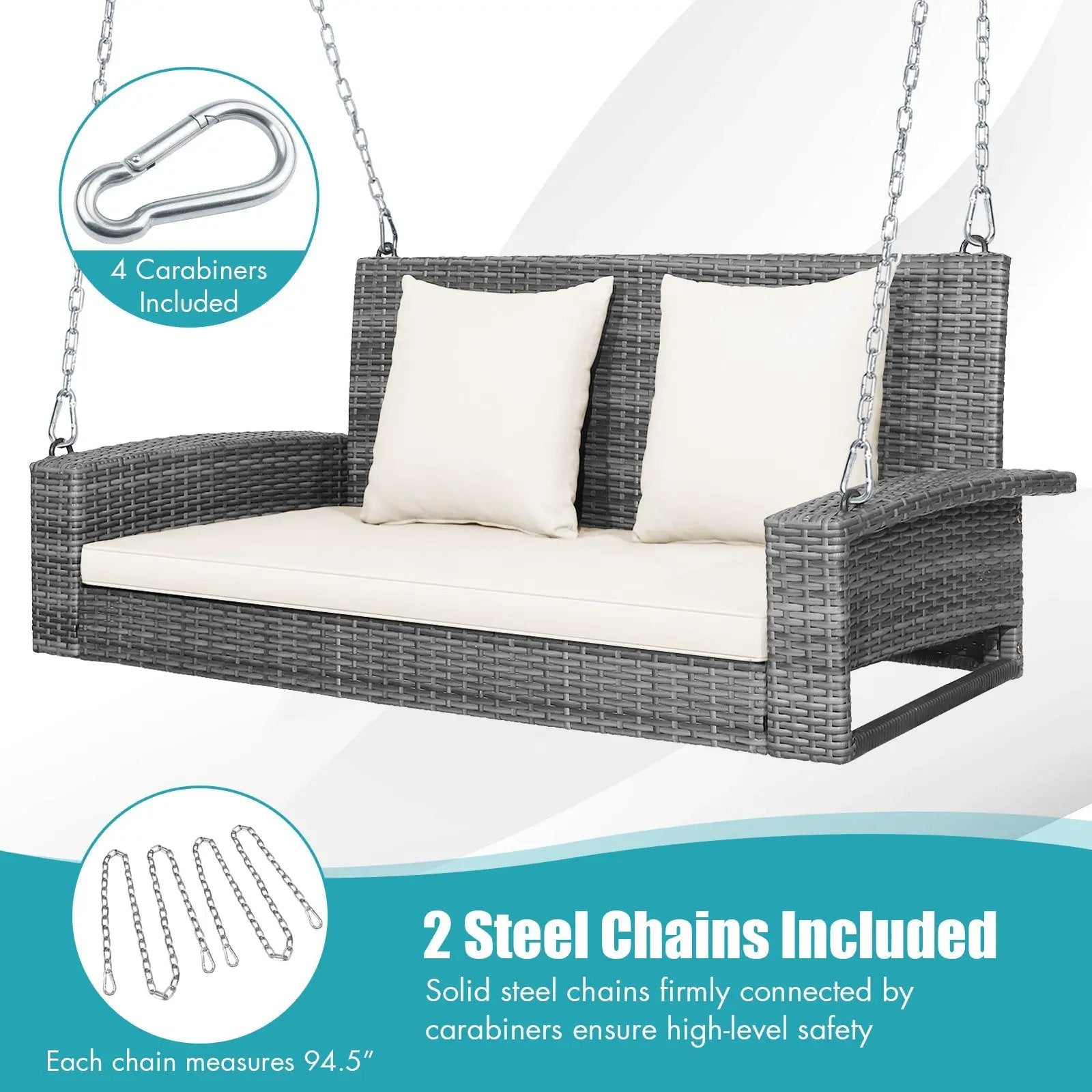 2-Person Patio PE Wicker Hanging Porch Swing Bench Chair Cushion 800 Pounds by DirectDeals