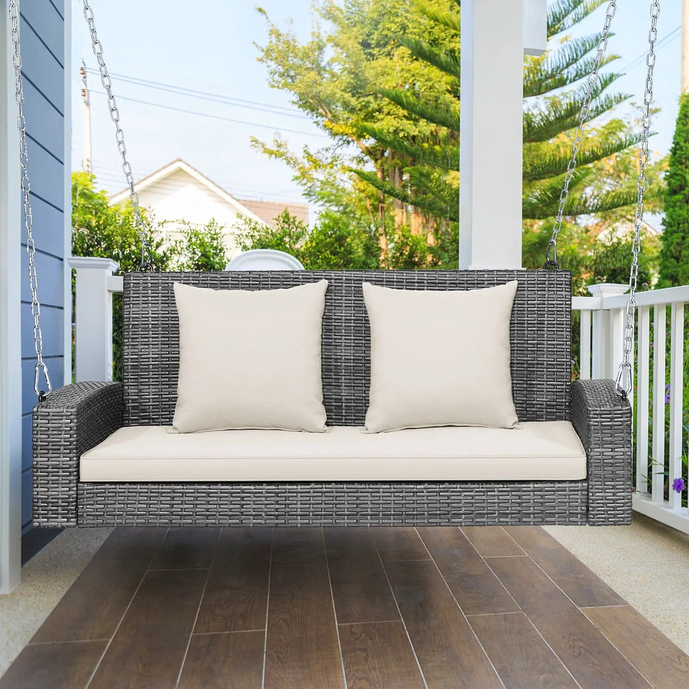 2-Person Patio PE Wicker Hanging Porch Swing Bench Chair Cushion 800 Pounds by DirectDeals