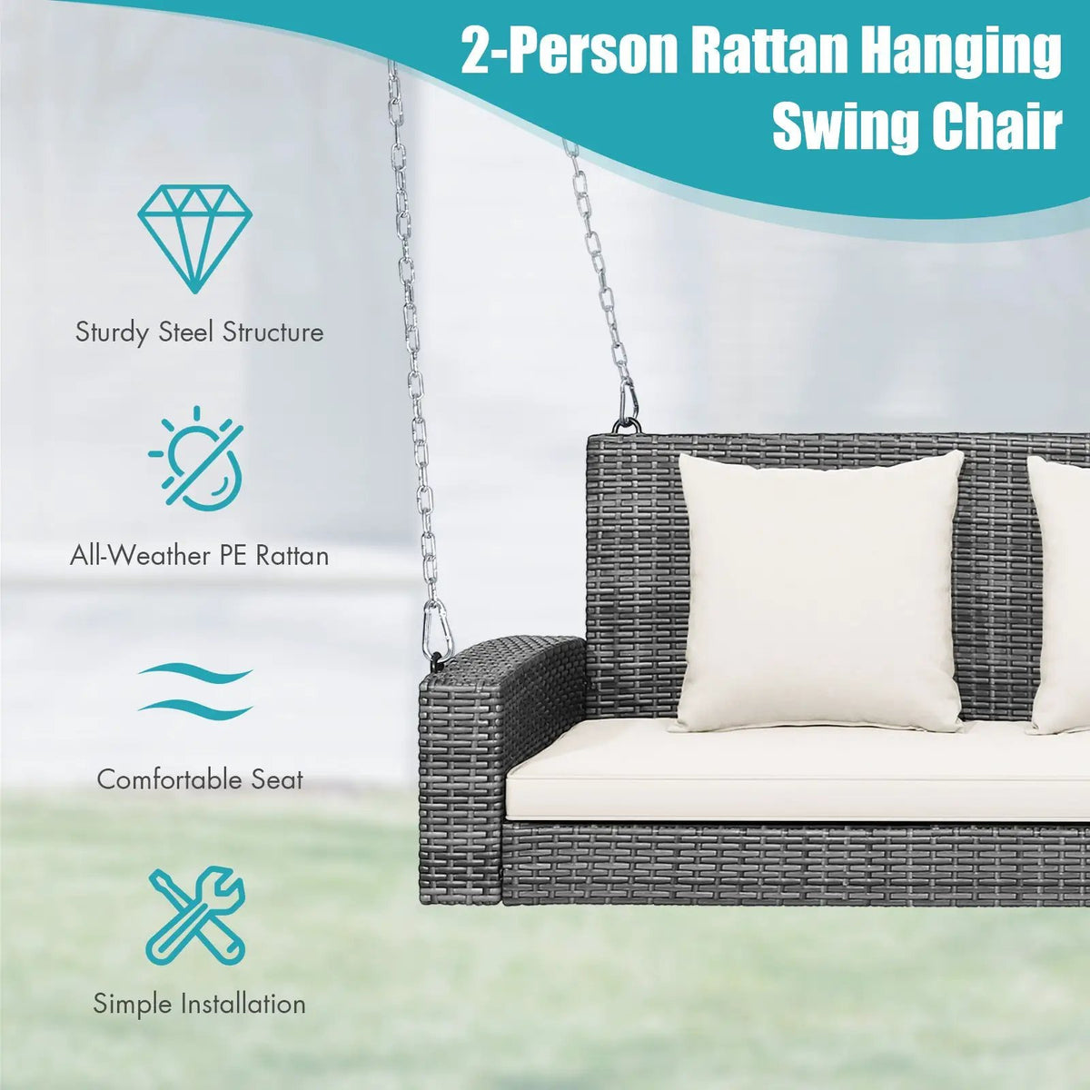 2-Person Patio PE Wicker Hanging Porch Swing Bench Chair Cushion 800 Pounds by DirectDeals