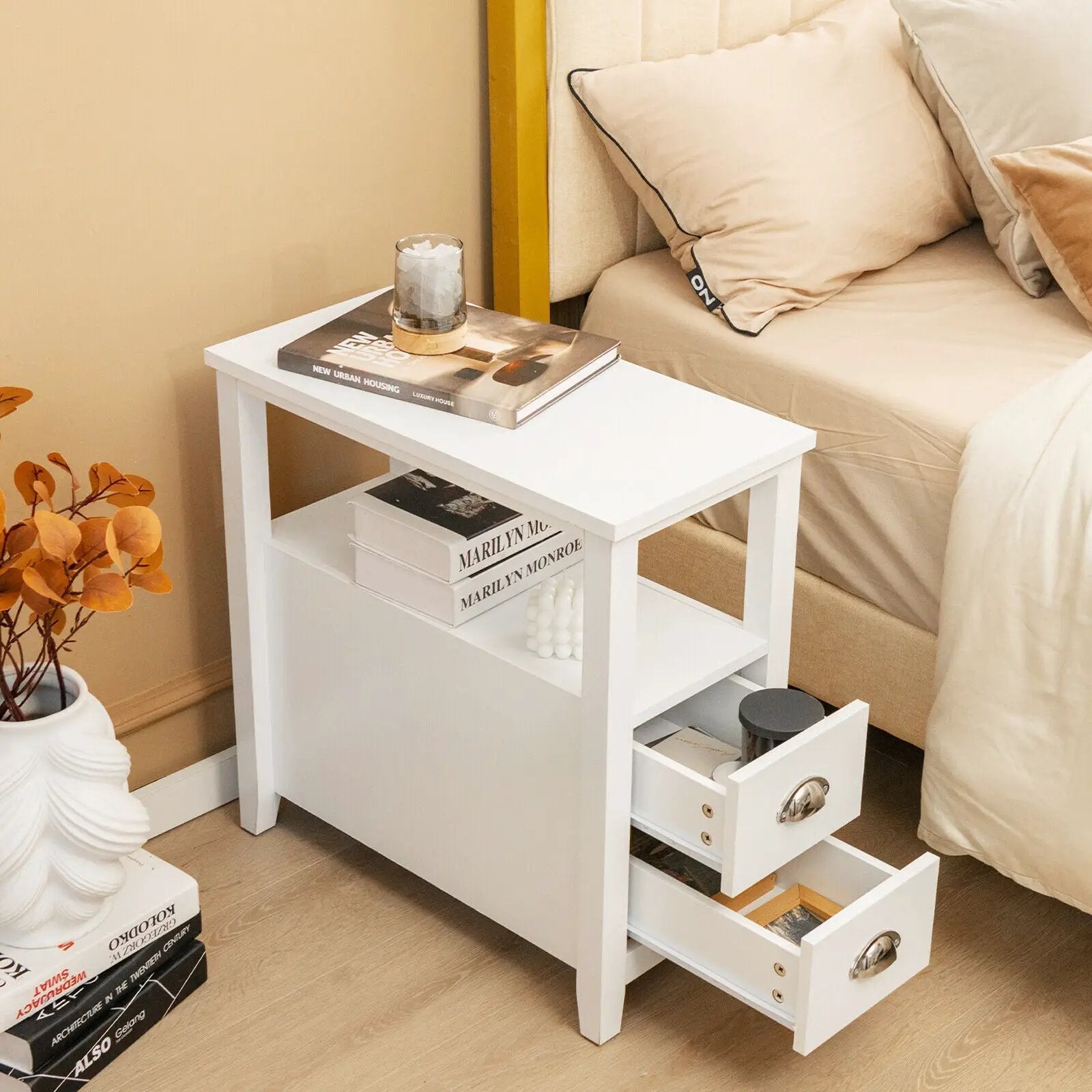 Set of 2 End Table Wooden with 2 Drawer & Shelf Bedside Table by DirectDeals