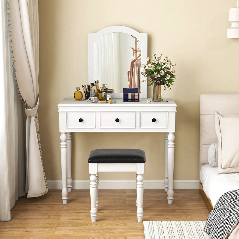 Makeup Vanity Table and Stool Set with Detachable Mirror and 3 Drawers Storage by DirectDeals
