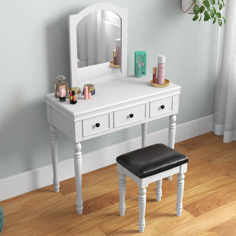 Makeup Vanity Table and Stool Set with Detachable Mirror and 3 Drawers Storage by DirectDeals