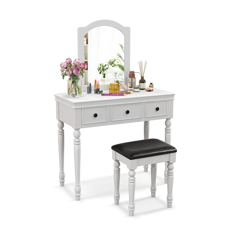 Makeup Vanity Table and Stool Set with Detachable Mirror and 3 Drawers Storage by DirectDeals