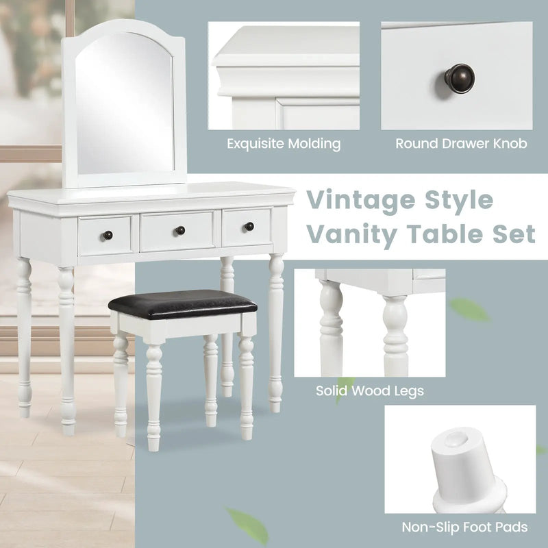 Makeup Vanity Table and Stool Set with Detachable Mirror and 3 Drawers Storage by DirectDeals