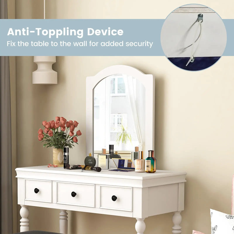 Makeup Vanity Table and Stool Set with Detachable Mirror and 3 Drawers Storage by DirectDeals