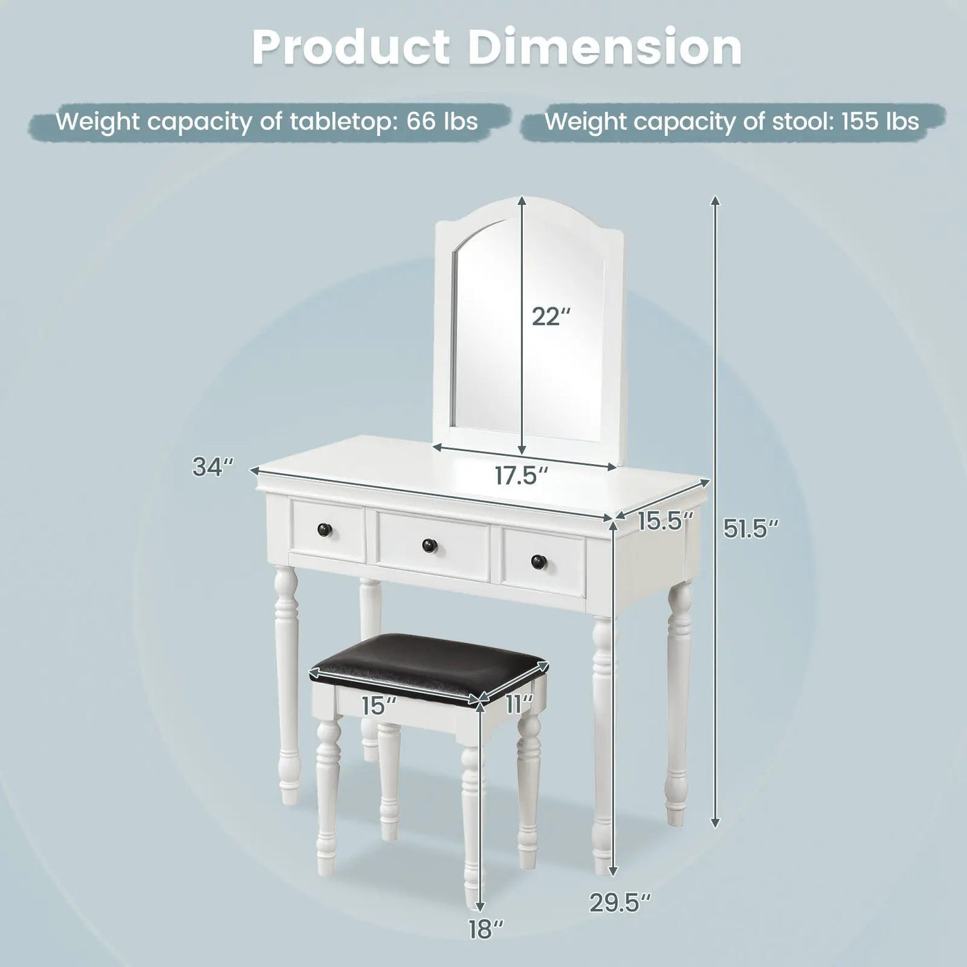 Makeup Vanity Table and Stool Set with Detachable Mirror and 3 Drawers Storage by DirectDeals