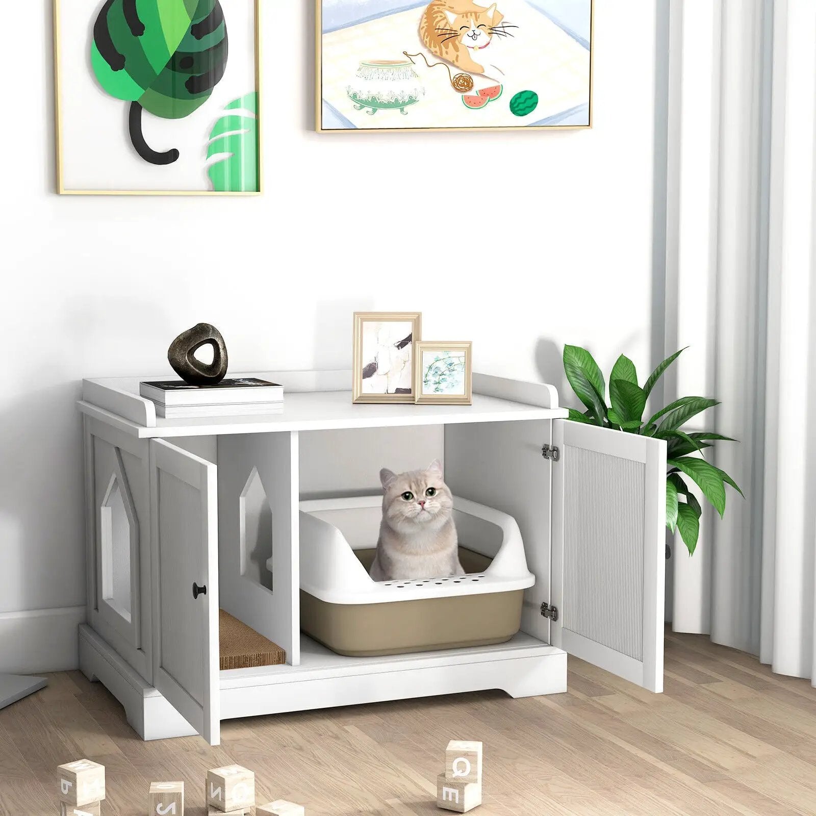Wooden Cat House with Scratching Pad and Adjustable Divider-White by DirectDeals