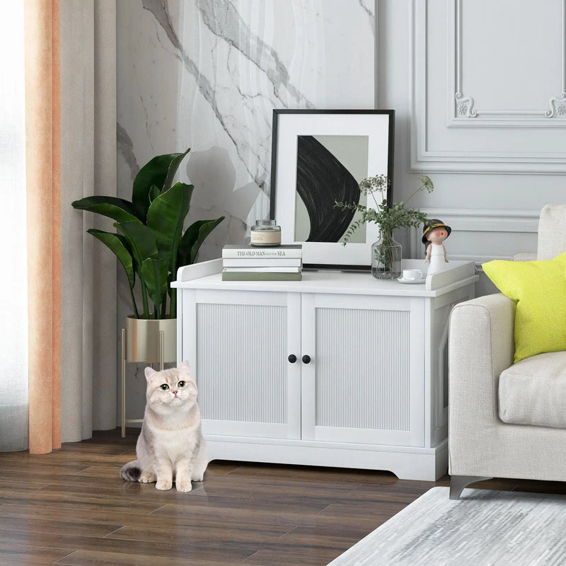 Wooden Cat House with Scratching Pad and Adjustable Divider-White by DirectDeals