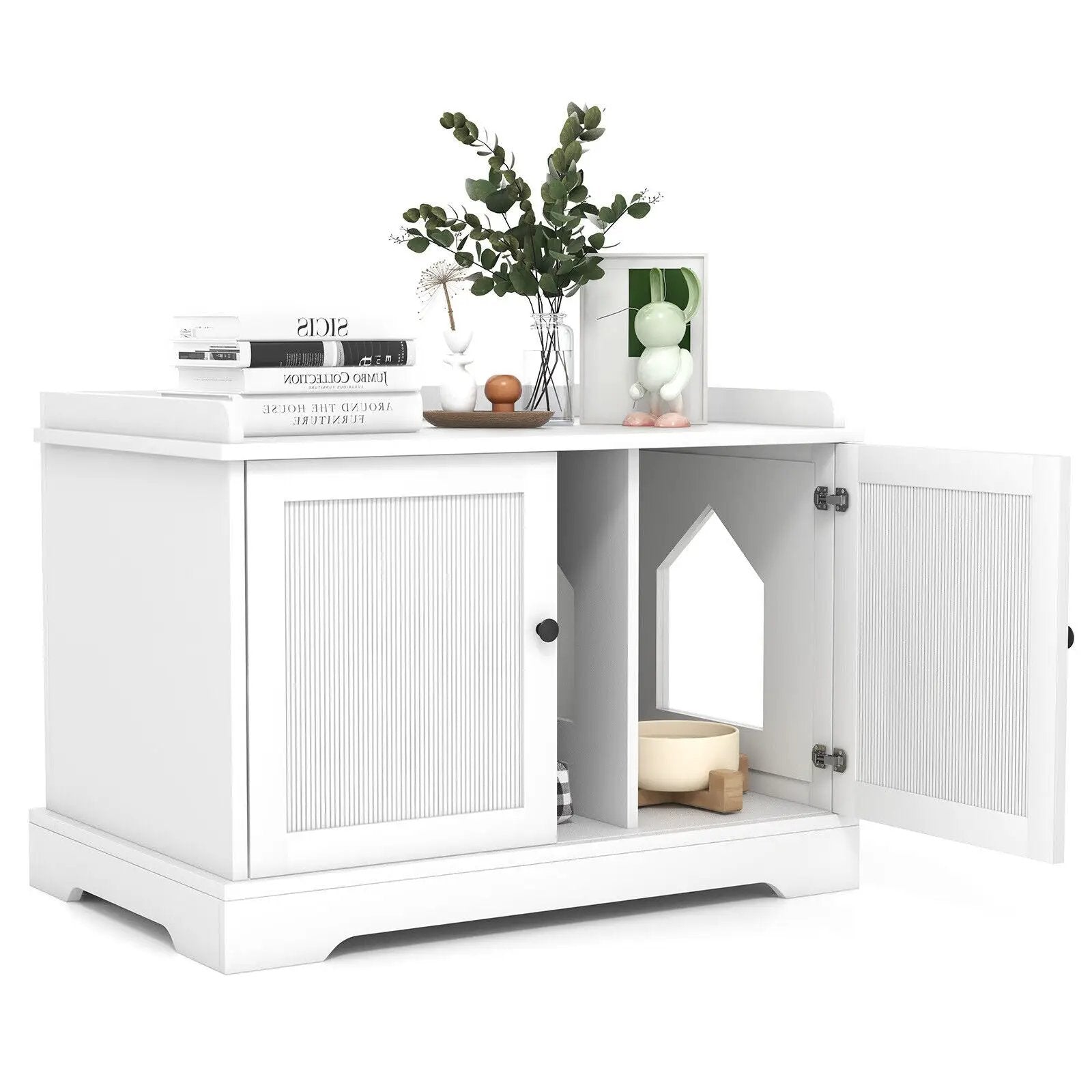 Wooden Cat House with Scratching Pad and Adjustable Divider-White by DirectDeals