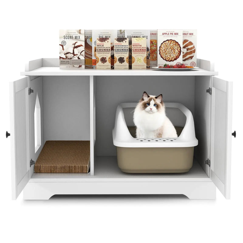 Wooden Cat House with Scratching Pad and Adjustable Divider-White by DirectDeals