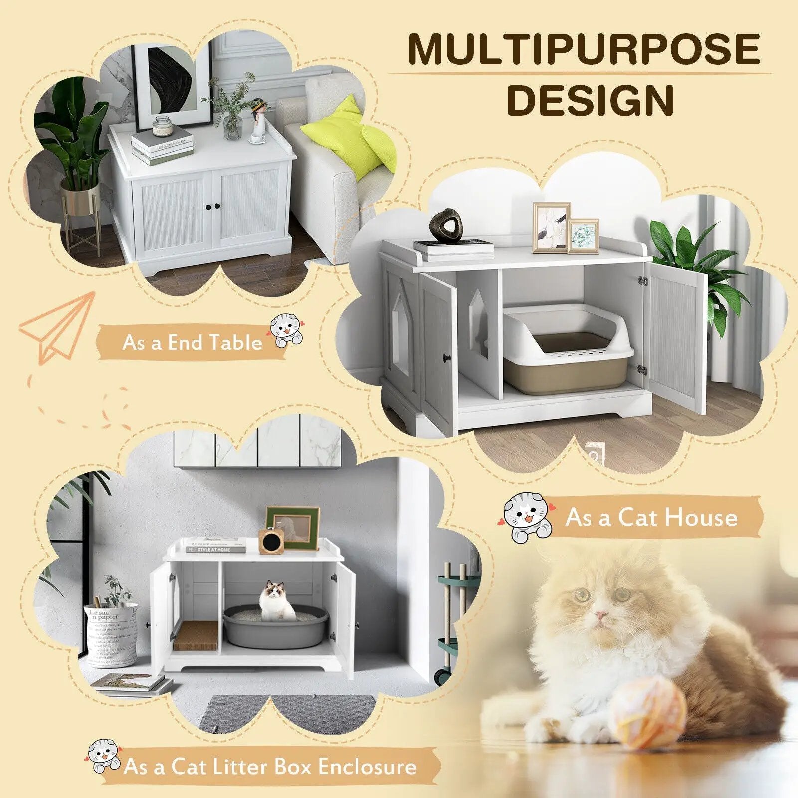 Wooden Cat House with Scratching Pad and Adjustable Divider-White by DirectDeals