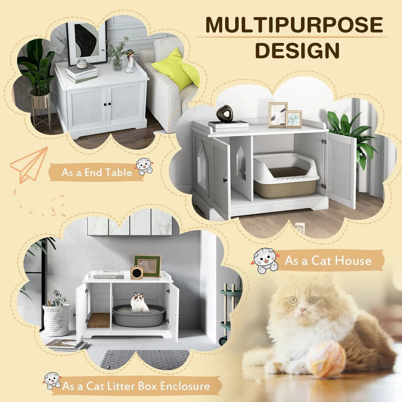 Wooden Cat House with Scratching Pad and Adjustable Divider-White by DirectDeals