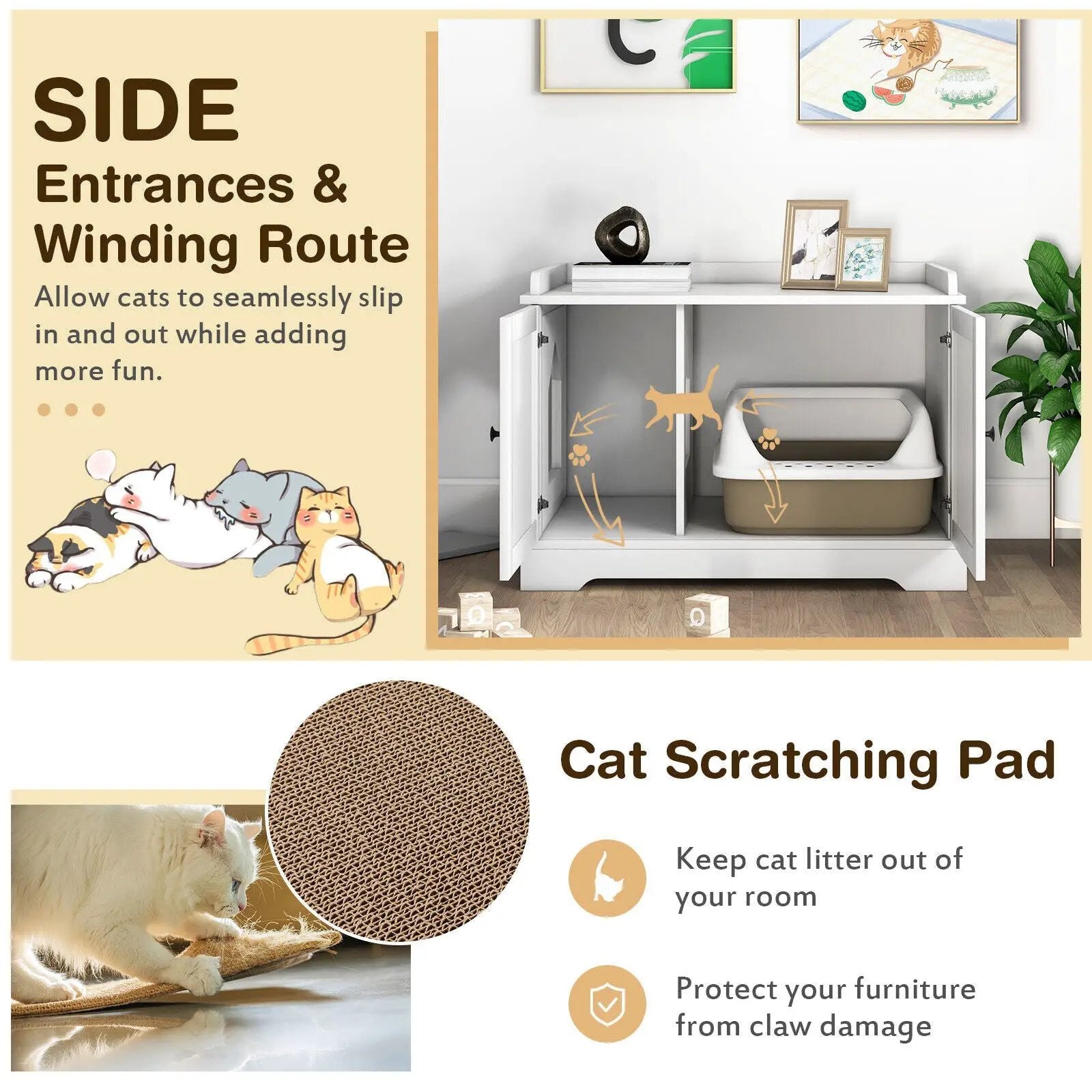 Wooden Cat House with Scratching Pad and Adjustable Divider-White by DirectDeals