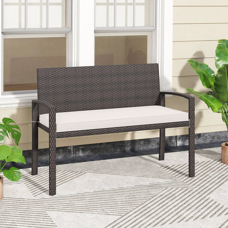 Wicker 2-Seat Bench with Soft Seat Cushion and Metal Frame-White by DirectDeals