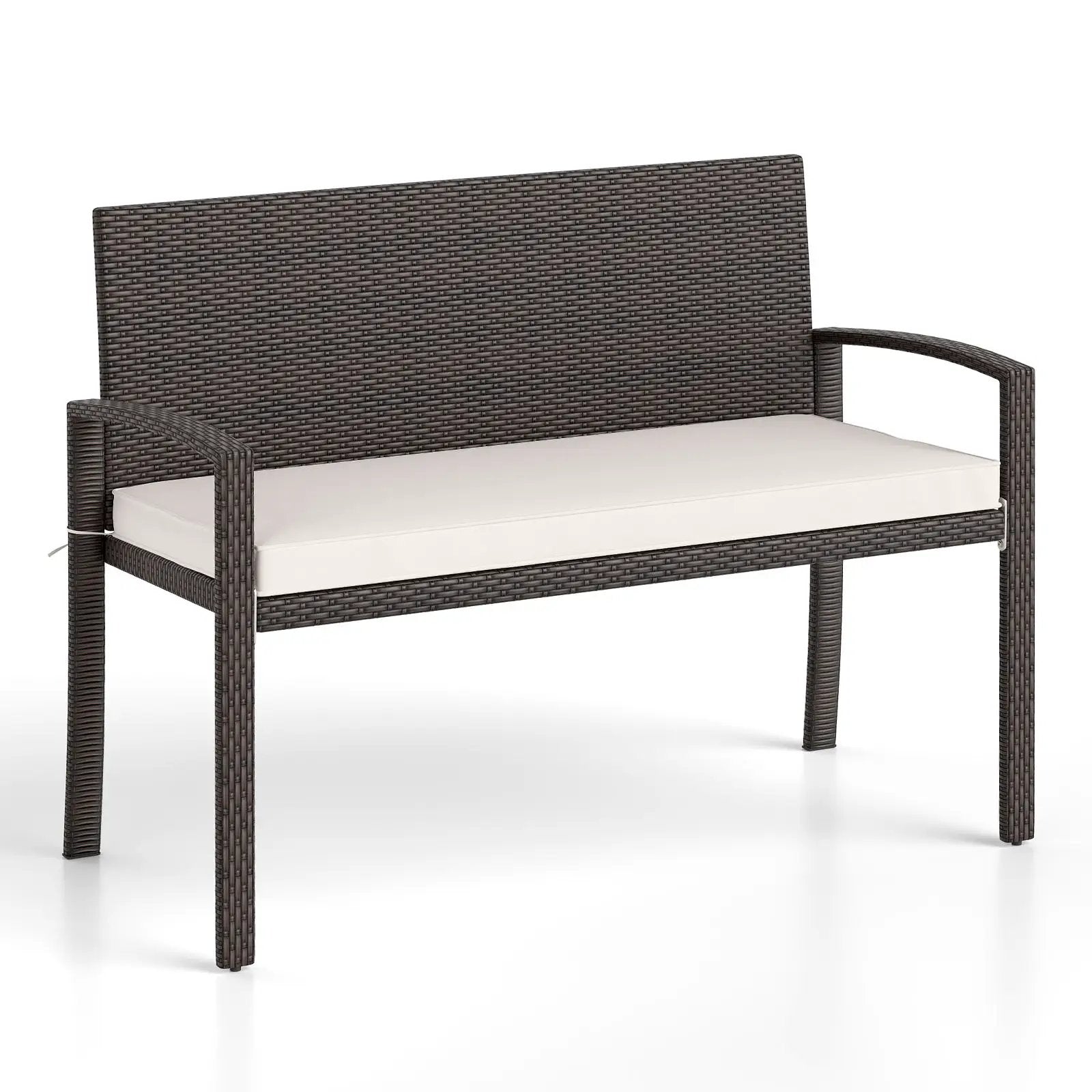 Wicker 2-Seat Bench with Soft Seat Cushion and Metal Frame-White by DirectDeals