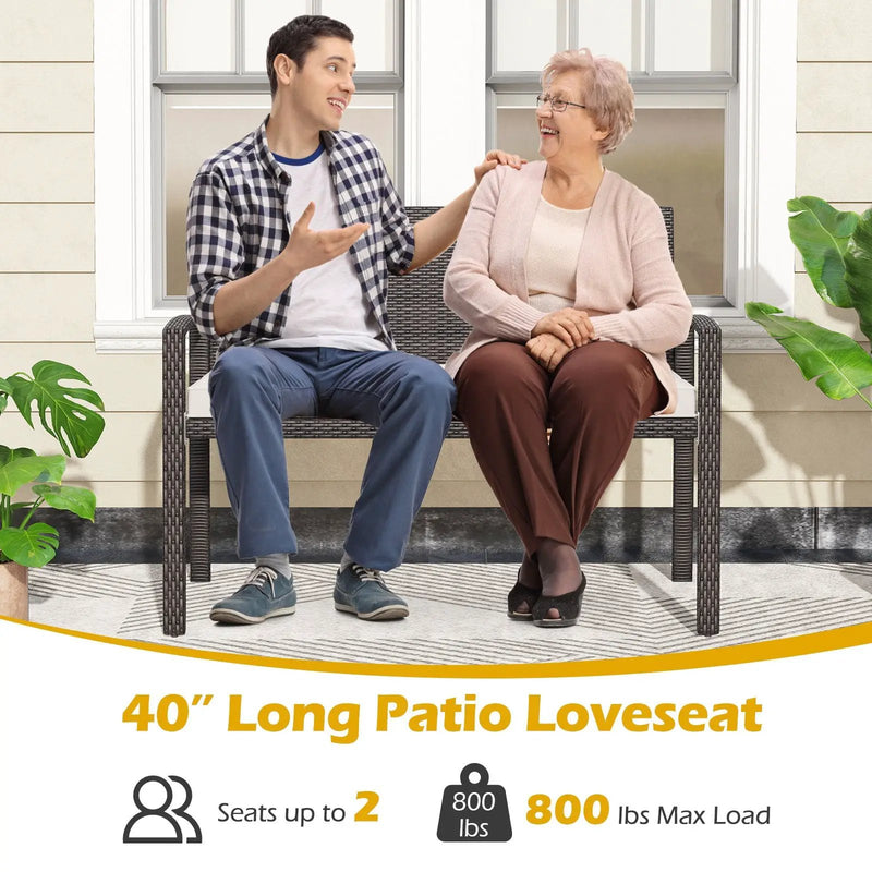 Wicker 2-Seat Bench with Soft Seat Cushion and Metal Frame-White by DirectDeals