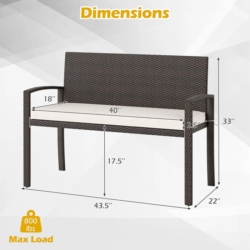 Wicker 2-Seat Bench with Soft Seat Cushion and Metal Frame-White by DirectDeals