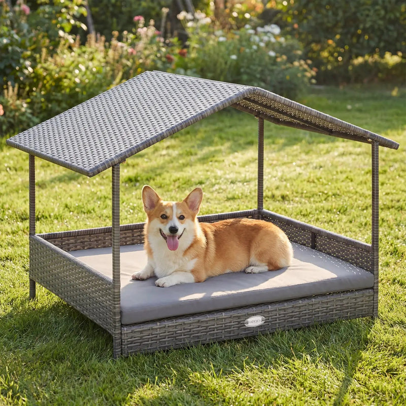 Wicker Dog House Elevated PE Rattan Dog Bed with Canopy by DirectDeals