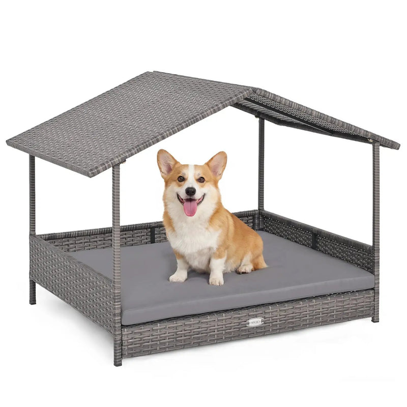 Wicker Dog House Elevated PE Rattan Dog Bed with Canopy by DirectDeals